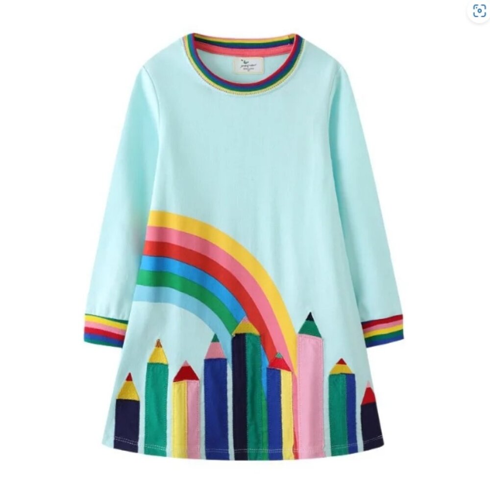 Rainbow Pencils Girls Blue Long Sleeve Back to School Tunic Dress